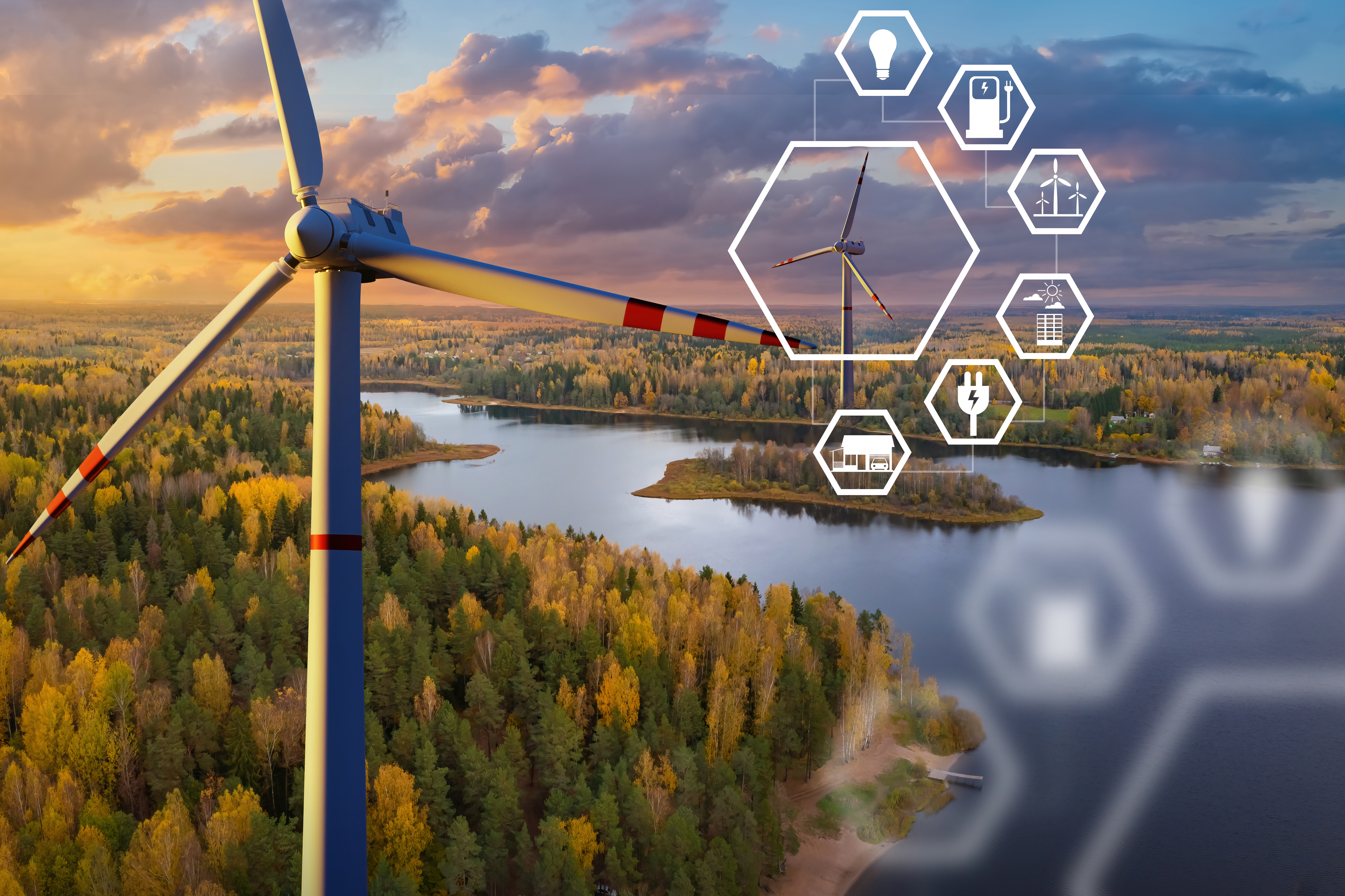 Windmills over river. Wind turbines for power generation. White windmills before sunset. Concept of transition to ecological energy sources. Offshore weighing power plants. Wind energy. 3d rendering.