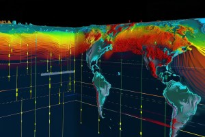 An AI system analyzing seismic data for earth tremor predictions, showing a digital interface with seismic waveforms and predictive models. This image emphasizes the role of AI in geophysical data analysis.
